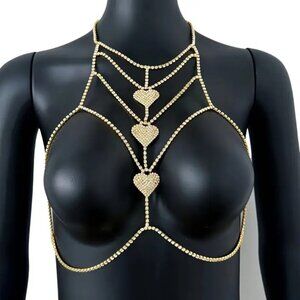 Gold‎ Sexy Rhinestone Heart Body Chain Bra Harness Festival Jewelry Lingerie